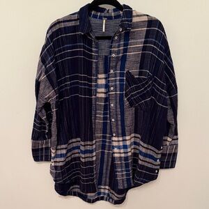 Free People Blue and White Plaid Oversized Boyfriend Button-Down Shirt